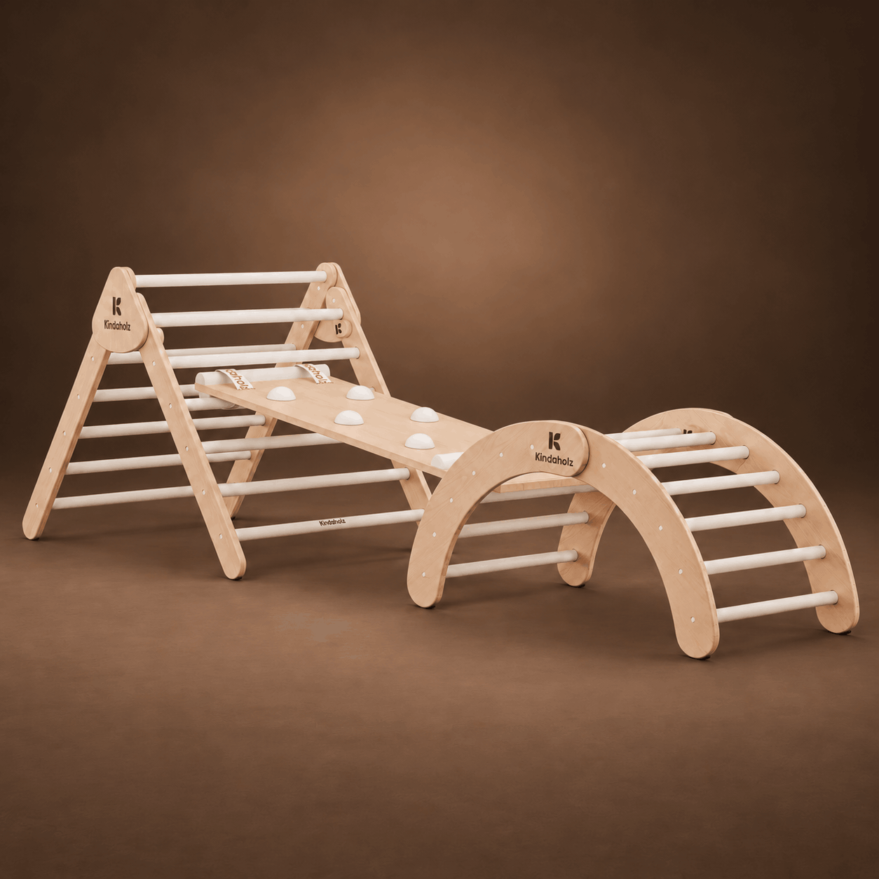Kletterdreieck SAMI, Kletterbogen NINA und Rutschrampe NOAH von Kindaholz – 3-teiliges Kletterset aus massivem FSC-Buchenholz