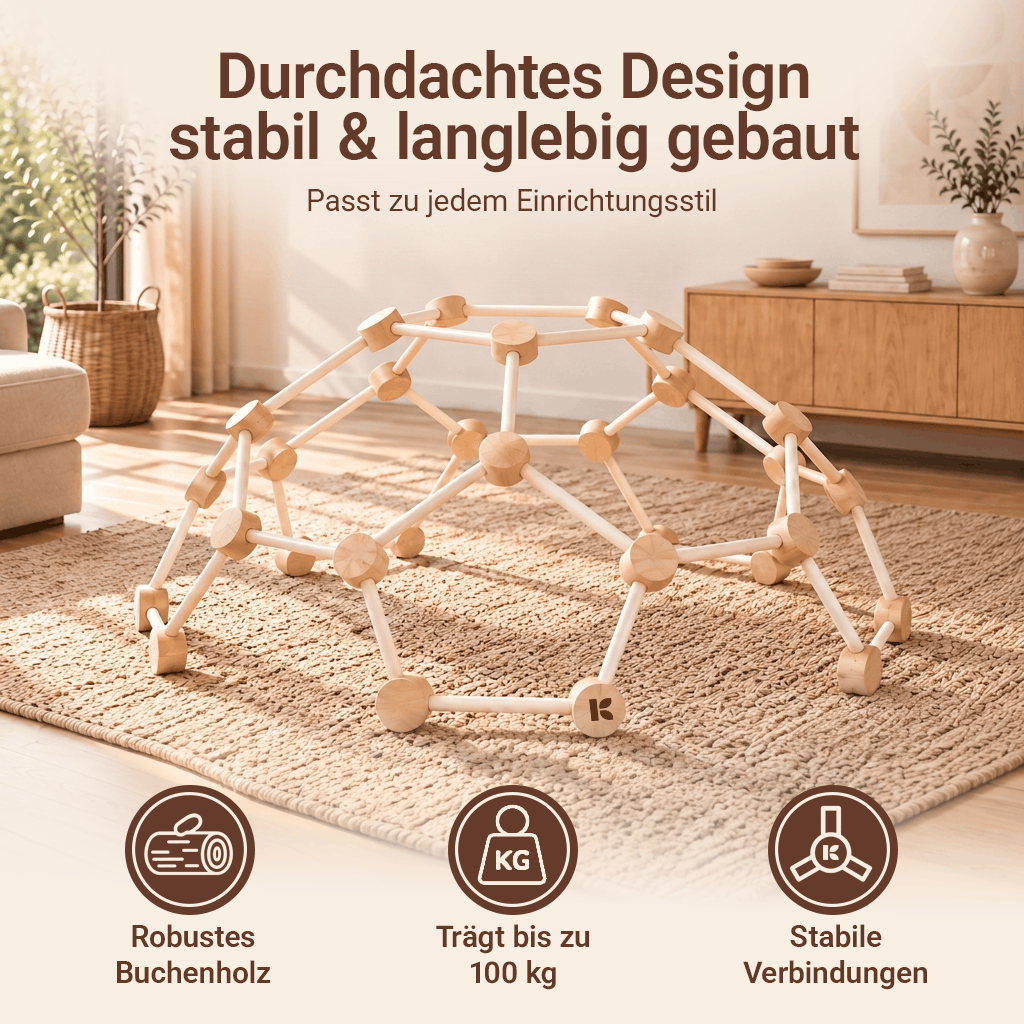 Kletterdom weiß auf einem Teppich im Wohnzimmer – stabile Kletterkuppel aus Buchenholz in zeitlosem Design