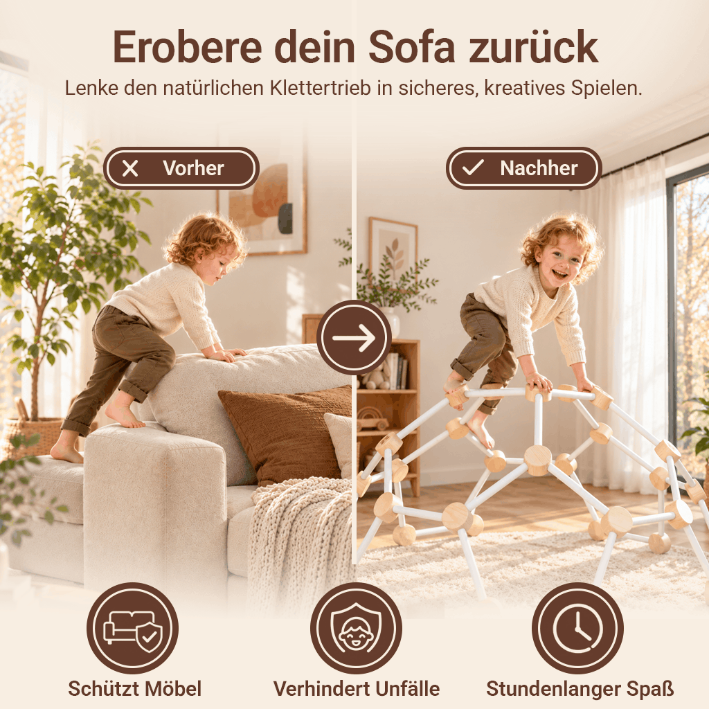 Vorher-Nachher: Kind klettert erst auf dem Sofa, dann auf dem Kletterdom – Indoor-Klettergerüst für Zuhause