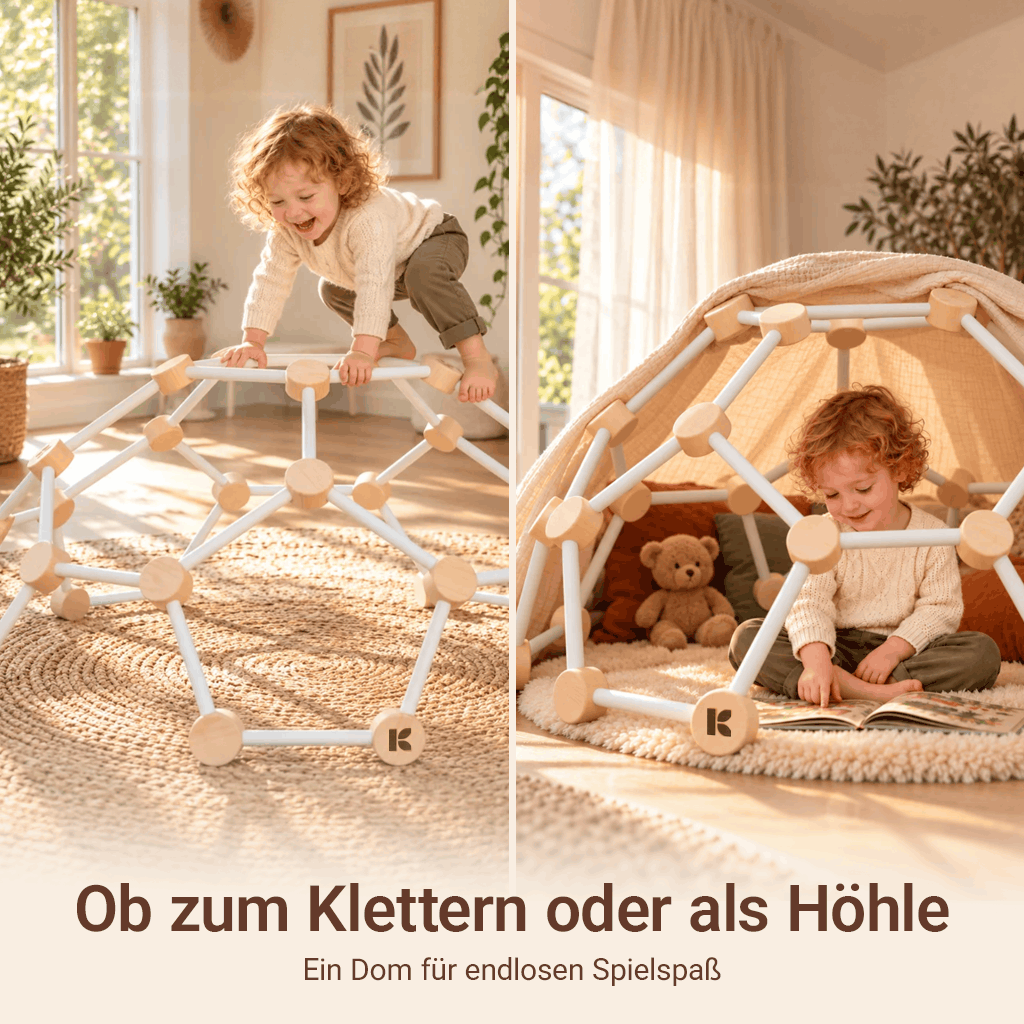 Kletterdom zum Klettern und als Höhle: Kind klettert auf dem Dom und liest darunter in einer Deckenhöhle