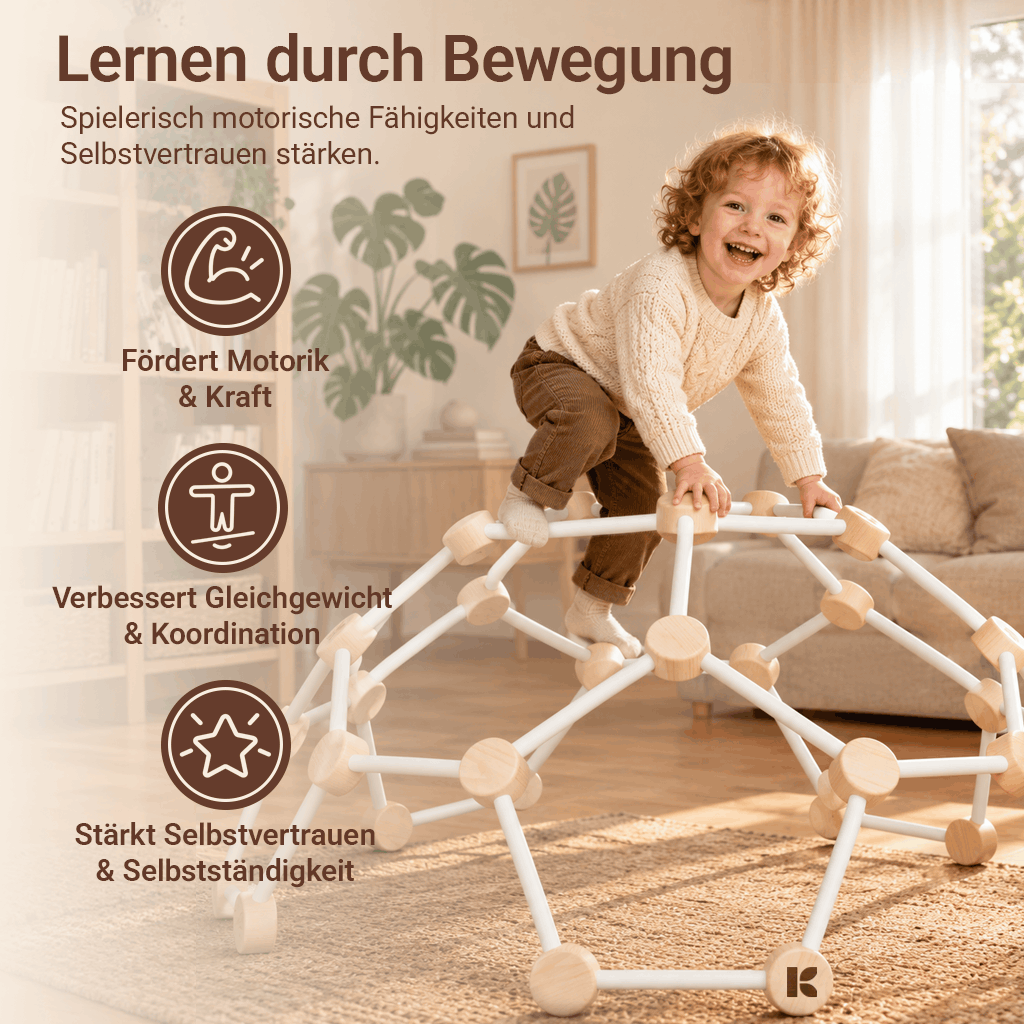Kind klettert über den Kletterdom im Wohnzimmer – Motorik, Gleichgewicht und Selbstvertrauen spielerisch stärken