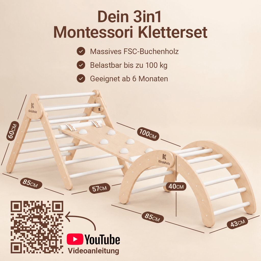 3in1 Montessori Kletterset mit Maßangaben: Kletterdreieck, Kletterbogen und Rutsche, geeignet ab 6 Monaten – Varianten: Kugeln, Sprossen