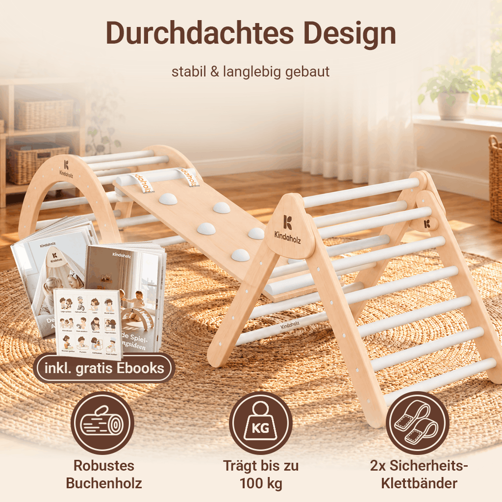 Kletterset aus Kletterdreieck, Kletterbogen und Rutsche im Kinderzimmer – robustes Buchenholz, belastbar bis zu 100 kg, zwei Sicherheits-Klettbänder – Varianten: Kugeln, Sprossen