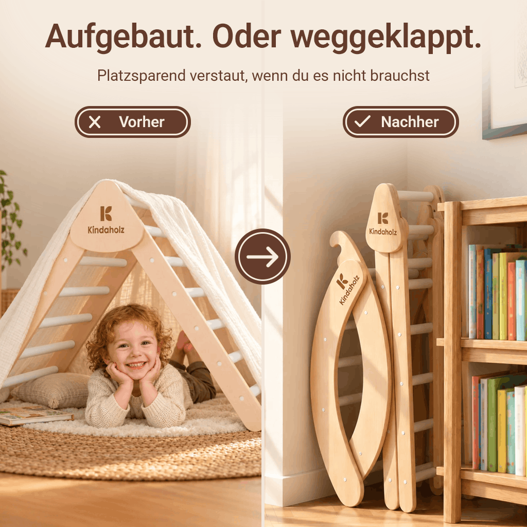 Klappbares Kletterset: Kletterdreieck als Höhle aufgebaut, daneben der zusammengeklappte Kletterbogen am Bücherregal verstaut – Varianten: Kugeln, Sprossen