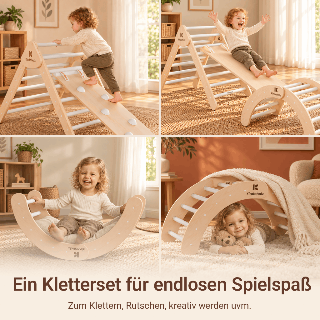 Vier Spielideen mit dem Kletterset: an der Rutsche hochklettern, rutschen, im Kletterbogen wippen und Höhle bauen – Varianten: Kugeln, Sprossen